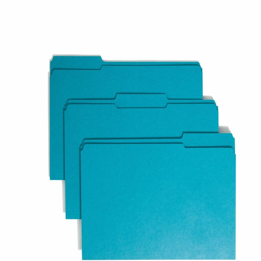 Smead Colored 1/3 Tab Cut Letter Top Tab File Folder - 8 1/2" x 11" - 3/4" Expansion - Top Tab Location - Assorted Tab Position - 11 pt. - 2 Plys - Teal - 10% Recycled - 100 / Box