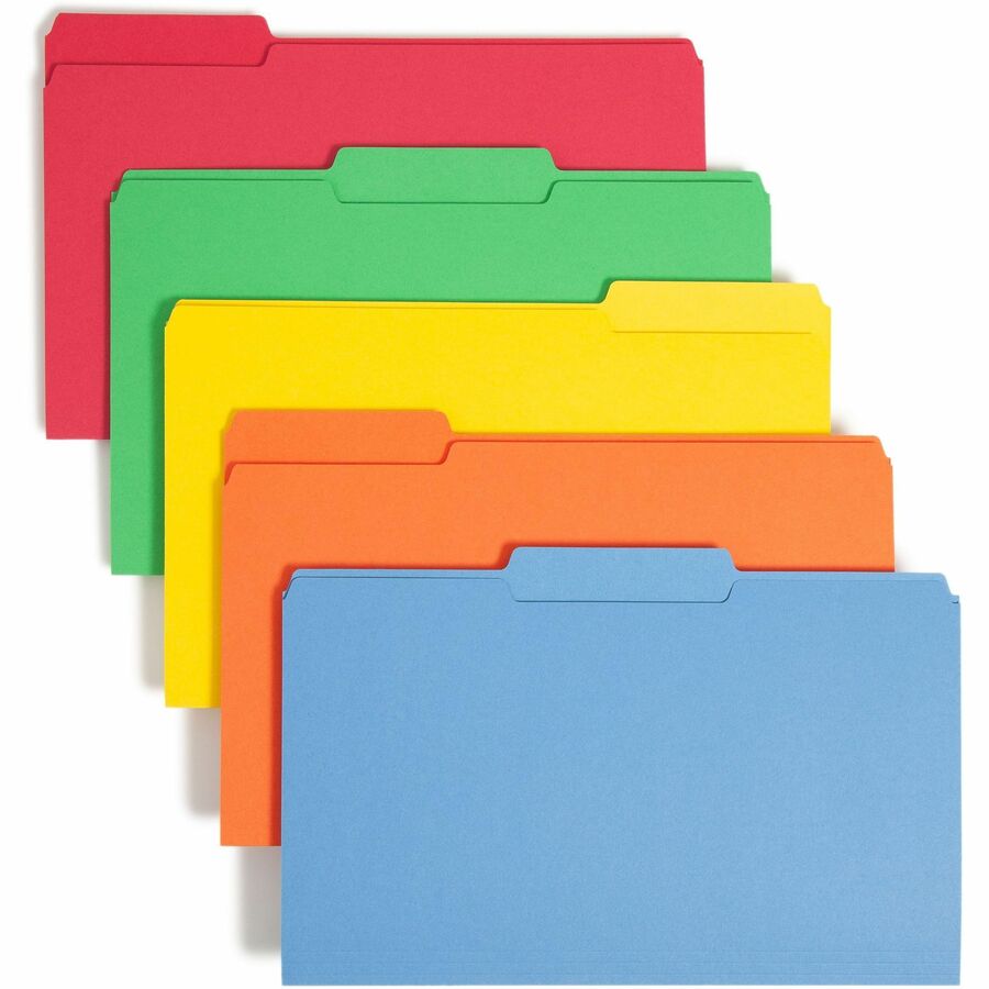 Smead Colored 1/3 Tab Cut Legal Top Tab File Folder - 8 1/2" x 14" - 3/4" Expansion - Top Tab Location - Assorted Tab Position - 11 pt. - 1 Plys - Blue, Green, Orange, Red, Yellow - Rounded Corner - 10% Recycled - 100 / Box