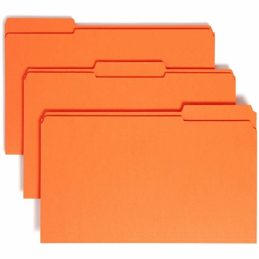 Smead Colored 1/3 Tab Cut Legal Top Tab File Folder - 8 1/2" x 14" - 3/4" Expansion - Top Tab Location - Assorted Tab Position - 11 pt. - 2 Plys - Orange - 10% Recycled - 100 / Box