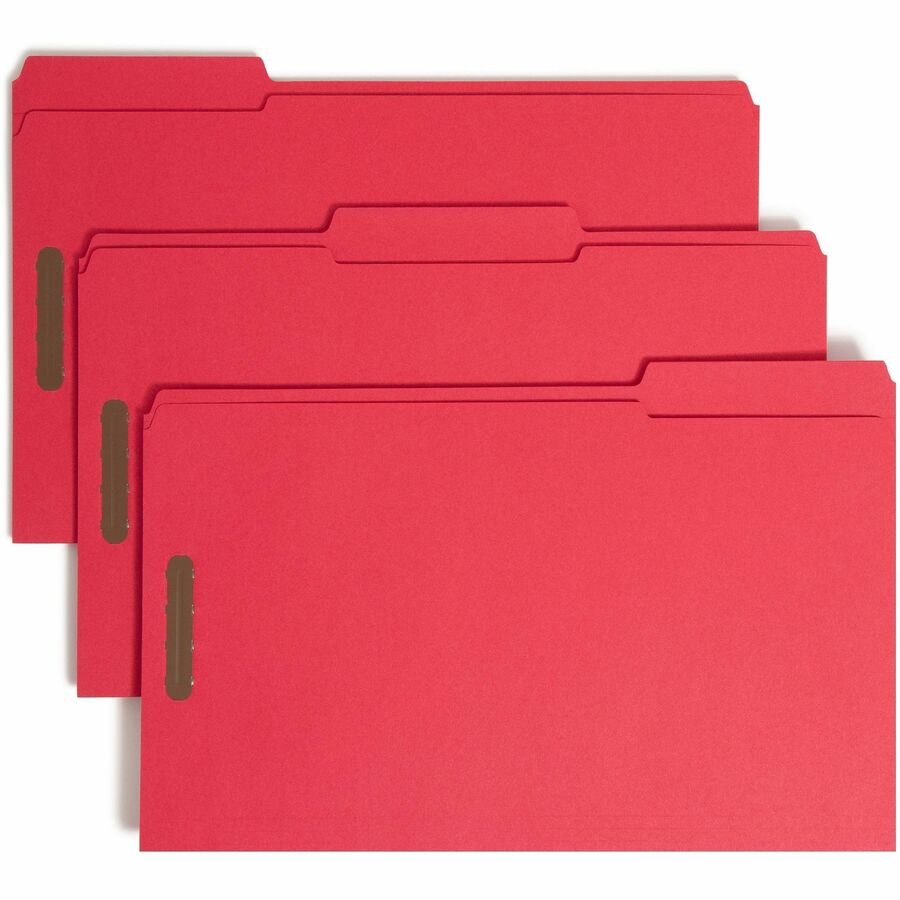 Smead Colored 1/3 Tab Cut Legal Fastener Folder - 8 1/2" x 14" - 3/4" Expansion - 2 x 2K Fastener - 2" for Folder - Top Tab Location - Assorted Tab Position - 11 pt. - 2 Plys - Red - Reinforced Tab - 10% Recycled - 50 / Box