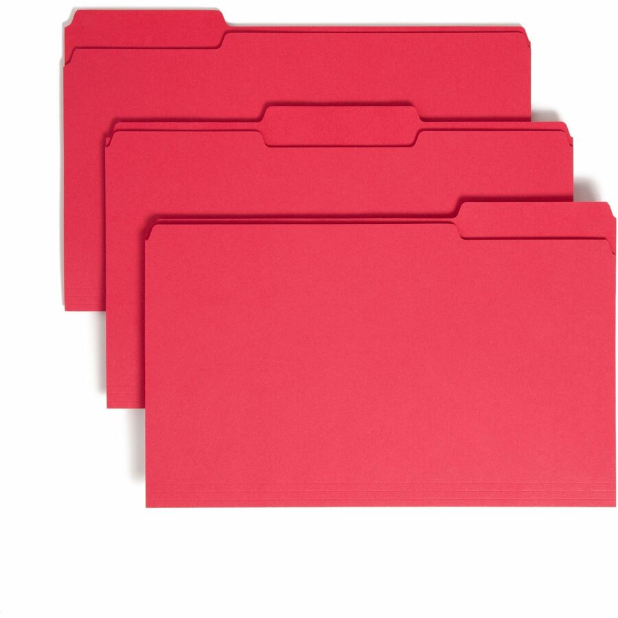 Smead Colored 1/3 Tab Cut Legal Top Tab File Folder - 8 1/2" x 14" - 3/4" Expansion - Top Tab Location - Assorted Tab Position - 11 pt. - 1 Plys - Red - Rounded Corner - 10% Recycled - 100 / Box