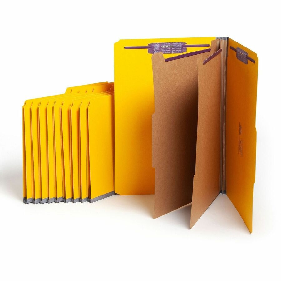 Smead SafeSHIELD 2/5 Tab Cut Legal Classification Folder - 8 1/2" x 14" - 2" Expansion - 2 x 2S Fastener - 2" for Folder - Top Tab Location - Right of Center Tab Position - 2 Divider - 25 pt. - Pressboard - Yellow - Heavy Duty, Tear Resistant - 50% Rec...