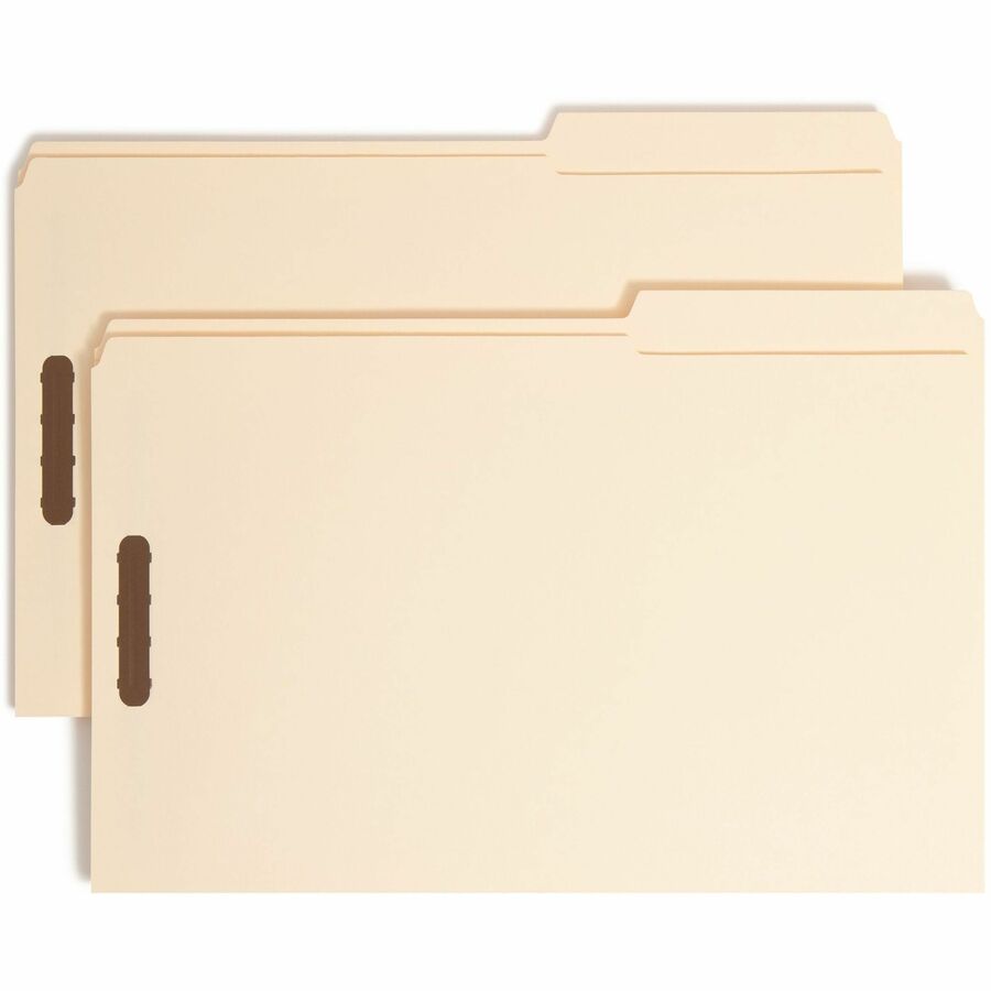 Smead 2/5 Tab Cut Legal Recycled Fastener Folder - 8 1/2" x 14" - 3/4" Expansion - 2 x 2K Fastener - 2" for Folder - Top Tab Location - Right Tab Position - 11 pt. - 2 Plys - Manila - 10% Recycled - 50 / Box