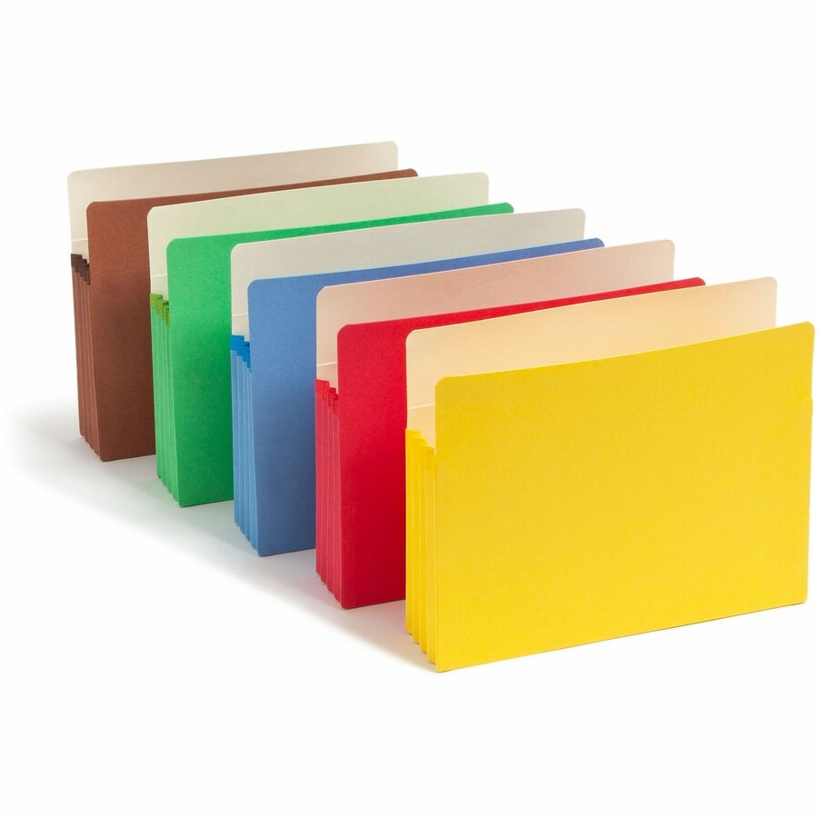 Smead Straight Tab Cut Letter File Pocket - 8 1/2" x 11" - 3 1/2" Expansion - Card Stock - Yellow, Green, Red, Blue, Redrope - Tear Resistant - 10% Recycled - 5 / Pack