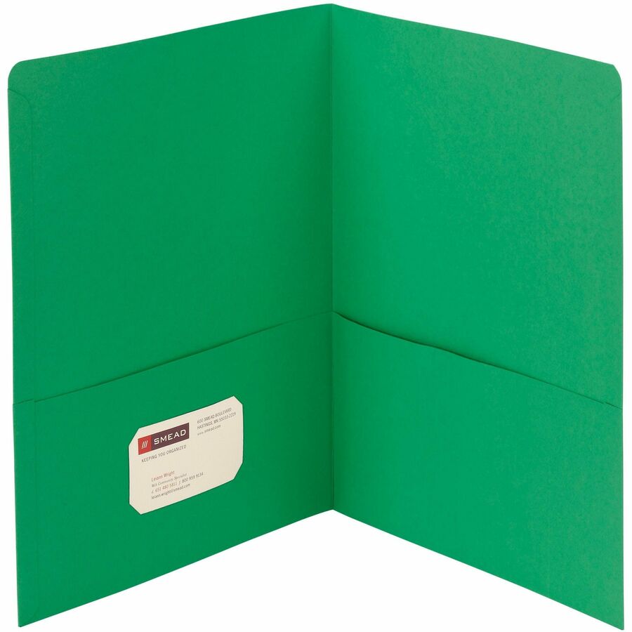 Smead Letter Pocket Folder - 8 1/2" x 11" - 100 Sheets Capacity - Folder - 2 Pocket - 11 pt. - Leatherette - Green - 10% Recycled - 25 / Box
