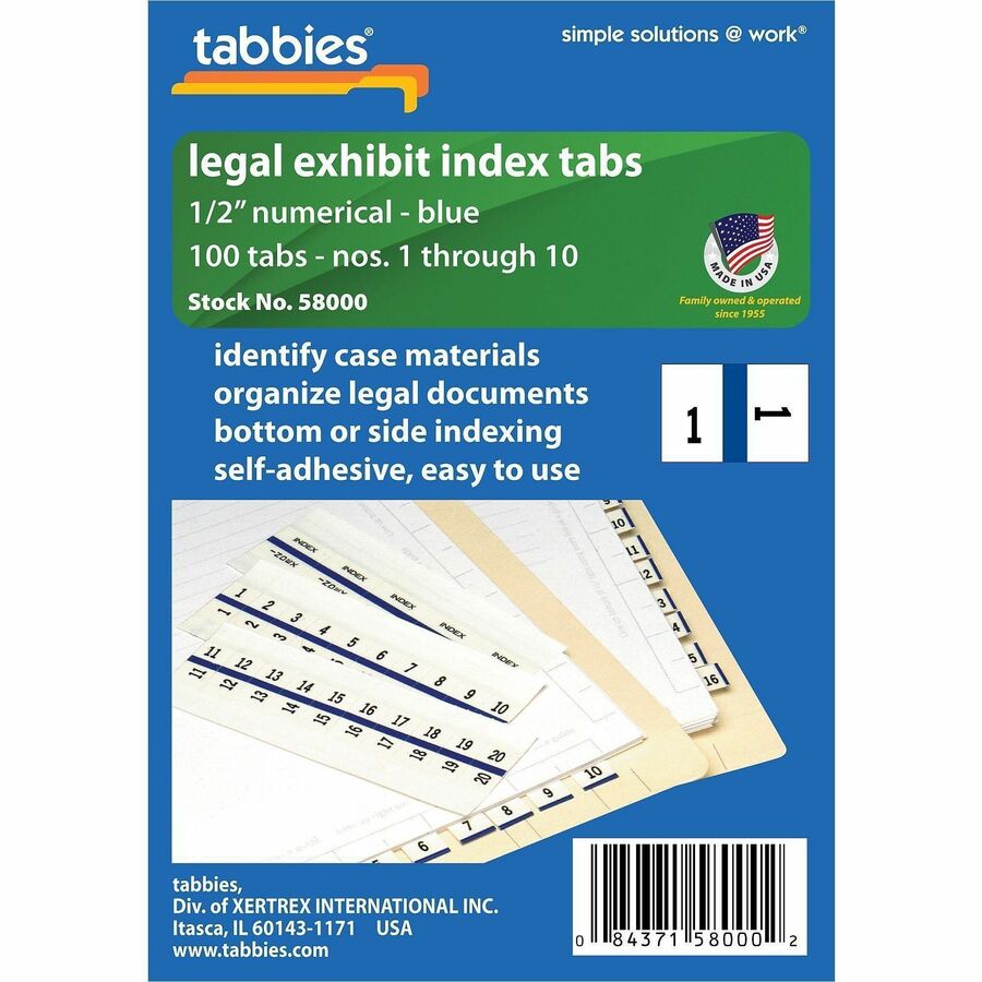 Tabbies Legal Index Divider Tabs - 10 Printed Tab(s) - Digit - 1-10 - 8.5" Divider Width x 11" Divider Length - Letter - 7 Hole Punched - White Paper Divider - Punched - 100 / Pack