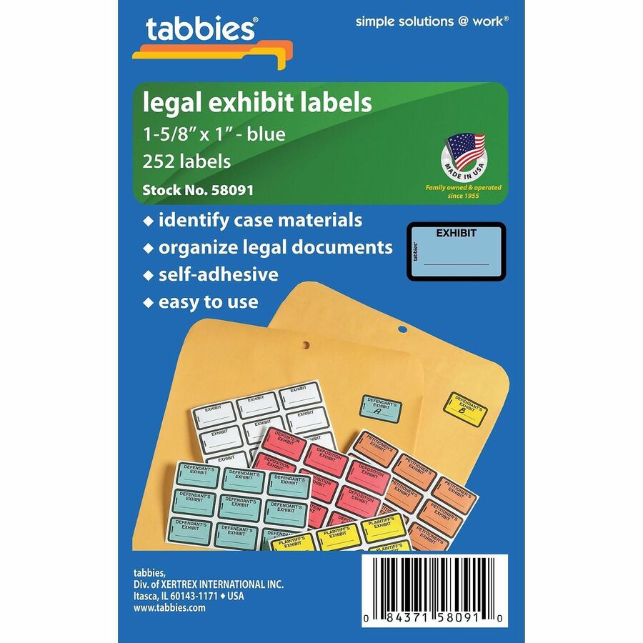 Tabbies Color-coded Legal Exhibit Labels - 1 5/8" Width x 1" Length - Blue - 252 / Pack