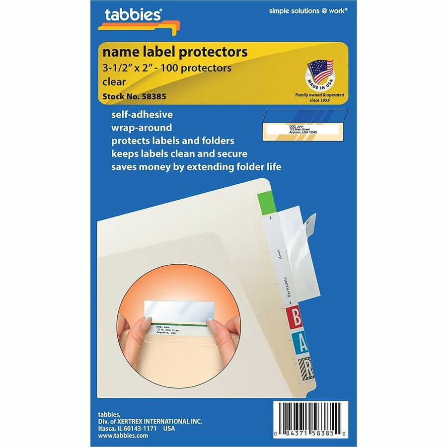 Tabbies Self-adhesive File Folder Label Protectors - For 3 1/2" x 2" Sheet - Rectangular - Clear - 100 / Pack