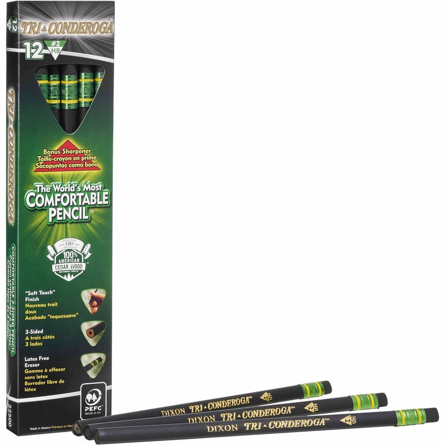 Ticonderoga Tri-Conderoga Wood-Cased Pencils with Sharpener - 2HB - Black Barrel - 12 / Dozen
