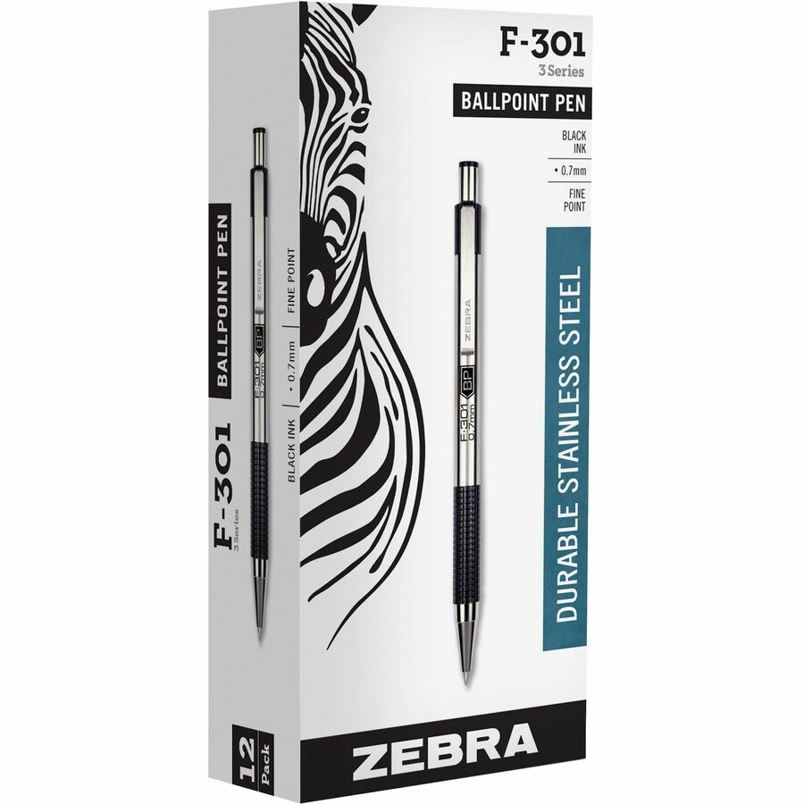 Zebra STEEL 3 Series F-301 Retractable Ballpoint Pen - Refillable - Retractable - Black Ink - Stainless Steel Stainless Steel Barrel - 12 / Dozen