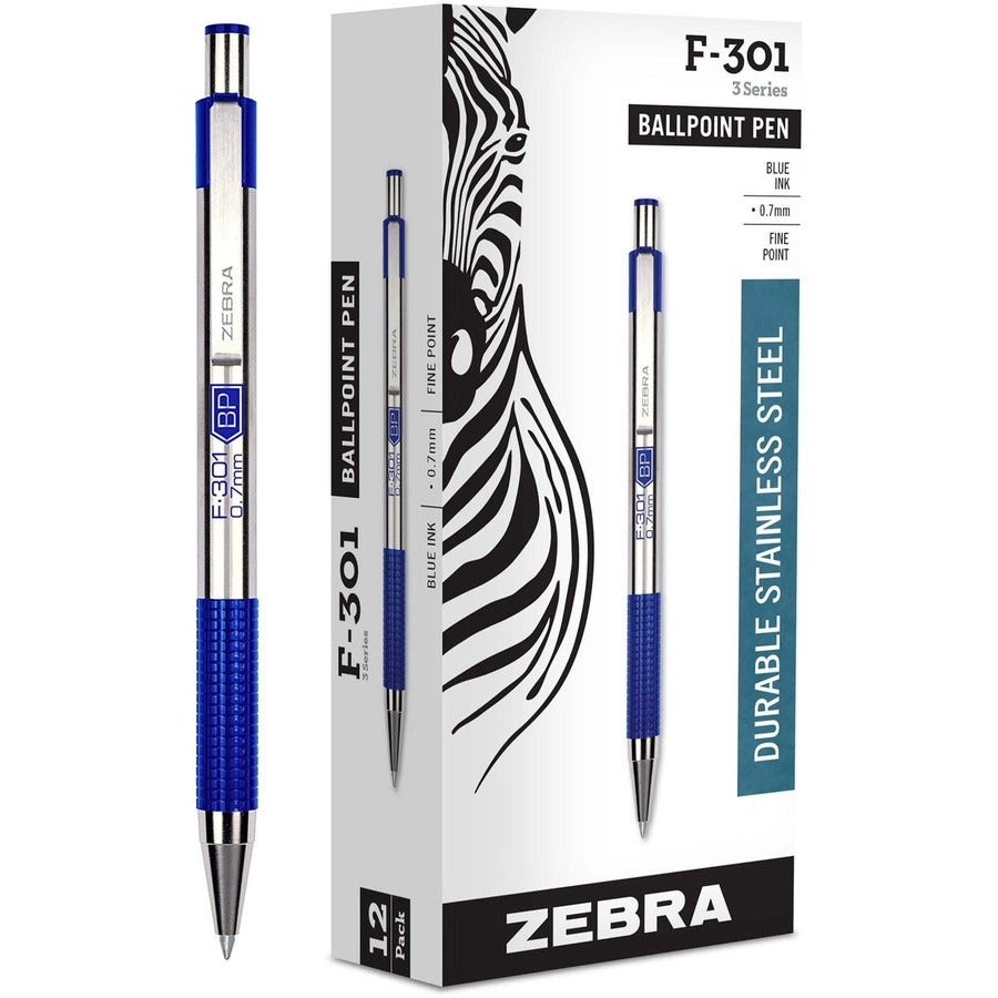 Zebra F-301 Retractable Ballpoint Pen - Refillable - Retractable - Blue Ink - Stainless Steel Stainless Steel Barrel - 12 / Dozen