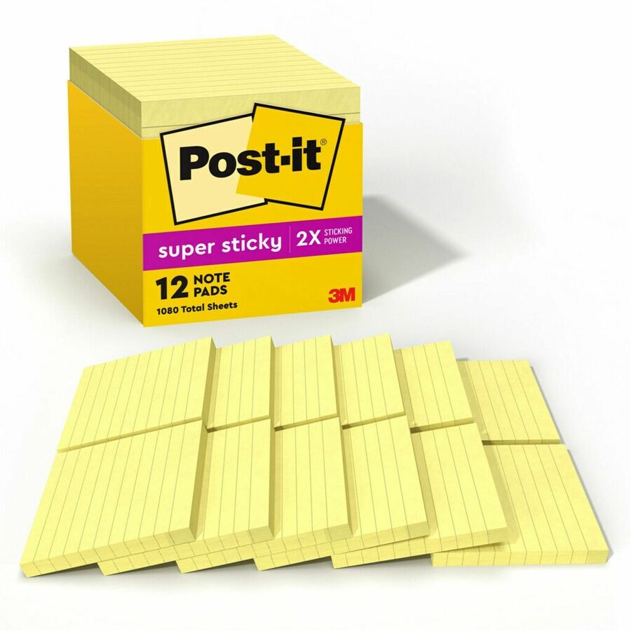 Post-it®, Super Sticky Lined Notes Cabinet Pack - 1080 - 4" Flag/Note Width x 4" Flag/Note Length - Square - 90 Sheets per Pad - Ruled - Canary Yellow - Paper - Self-adhesive, Repositionable - 12 / Pack
