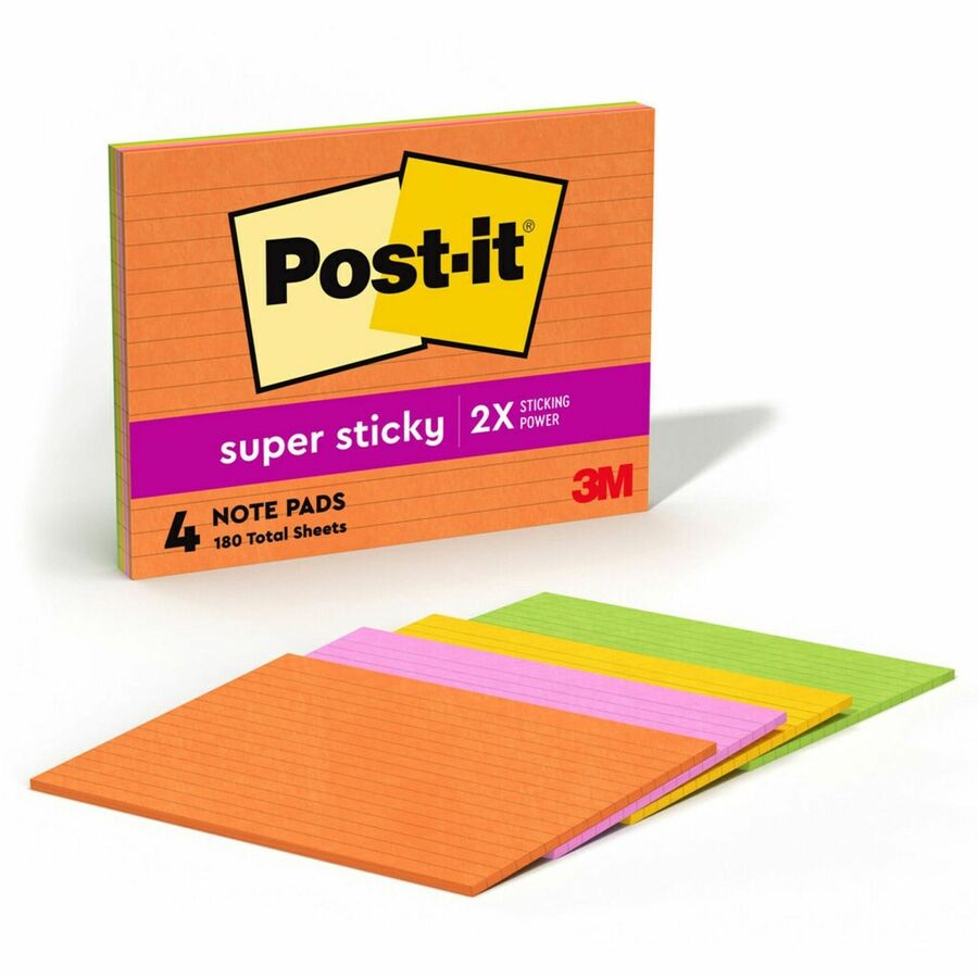 Post-it®, Super Sticky Lined Meeting Notepads - 180 - 6" Flag/Note Width x 8" Flag/Note Length - Rectangle - 45 Sheets per Pad - Ruled - Vital Orange, Tropical Pink, Sunnyside, Limeade - Paper - Self-adhesive - 4 / Pack