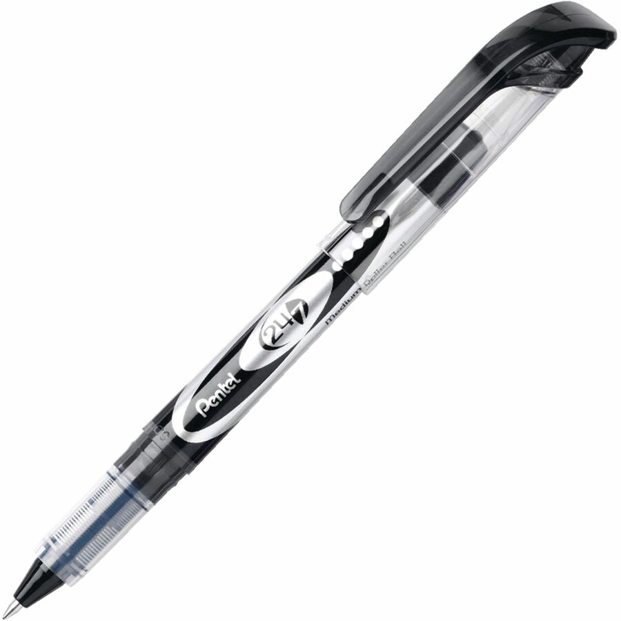 Pentel 24/7 Rollerball Pens - Black Ink - Water Based - Black Barrel - Metal Tip - 12 / Dozen