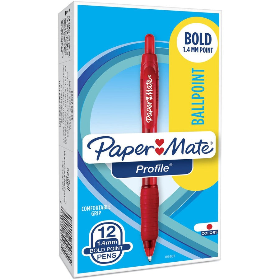 Paper Mate Profile Retractable Ballpoint Pens - Retractable - Red Ink - Red Barrel - 12 / Dozen