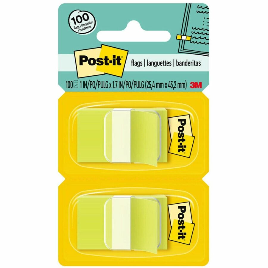 Post-it®, Flags - 100 x Bright Green - 1" Flag/Note Width x 1 3/4" Flag/Note Length - Rectangle - Unruled - Green - Removable, Self-adhesive - Dispenser Included - 100 / Pack