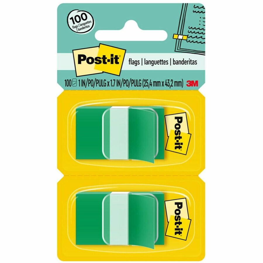 Post-it®, Flags - 100 x Green - 1" Flag/Note Width x 1 3/4" Flag/Note Length - Rectangle - Unruled - Green - Removable - Dispenser Included - 100 / Pack