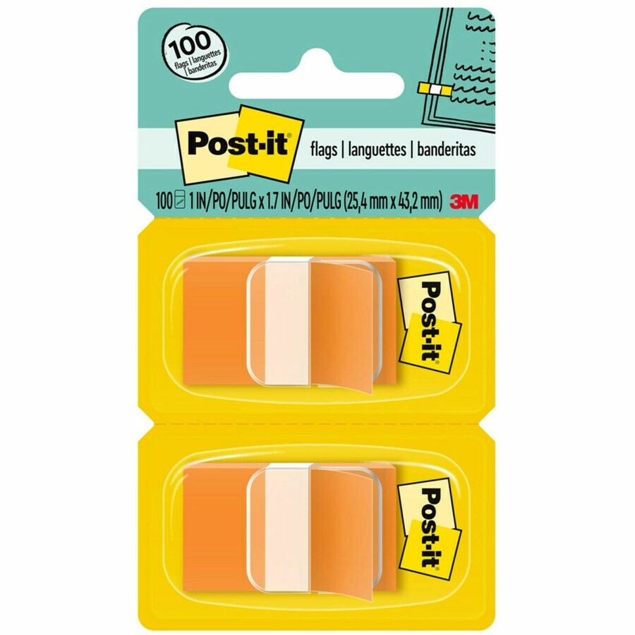 Post-it®, Flags - 100 x Orange - 1" Flag/Note Width x 1 3/4" Flag/Note Length - Rectangle - Unruled - Orange - Removable, Tab - Dispenser Included - 100 / Pack
