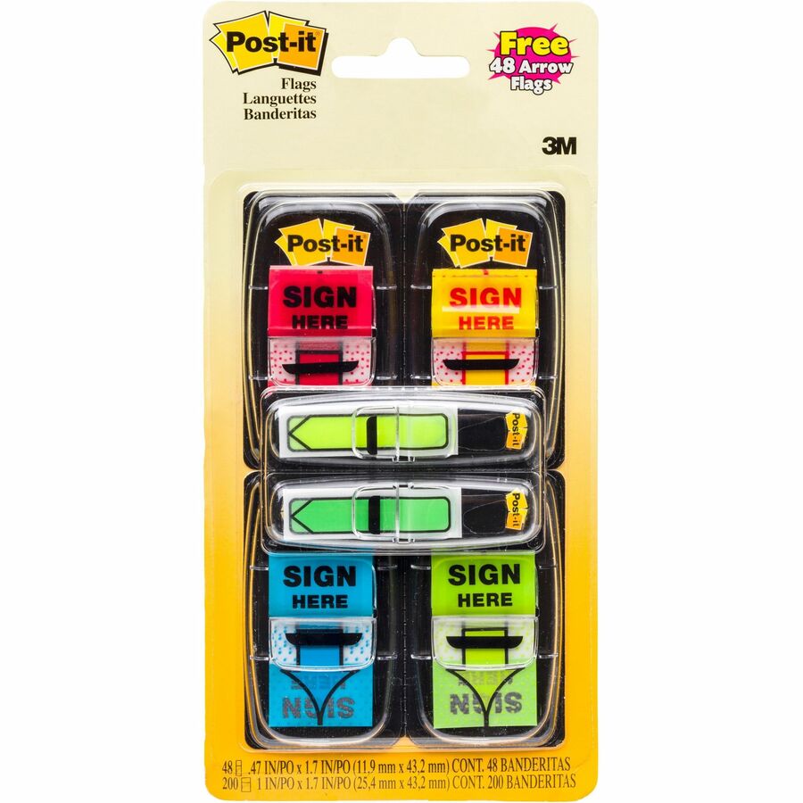 Post-it®, Message Flag Value Pack - 248 - 1" Flag/Note Width x 1 3/4" Flag/Note Length - Arrow, Rectangle - Unruled - SIGN HERE - Red, Blue, Yellow, Green, Red - Removable, Self-adhesive - Dispenser Included - 248 / Pack