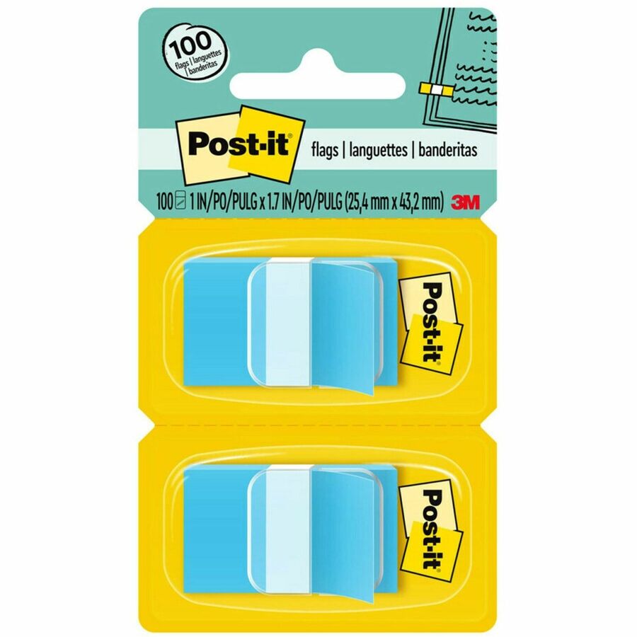 Post-it®, Flags - 100 x Blue - 1" Flag/Note Width x 1 3/4" Flag/Note Length - Rectangle - Unruled - Blue - Removable, Tab - Dispenser Included - 100 / Pack