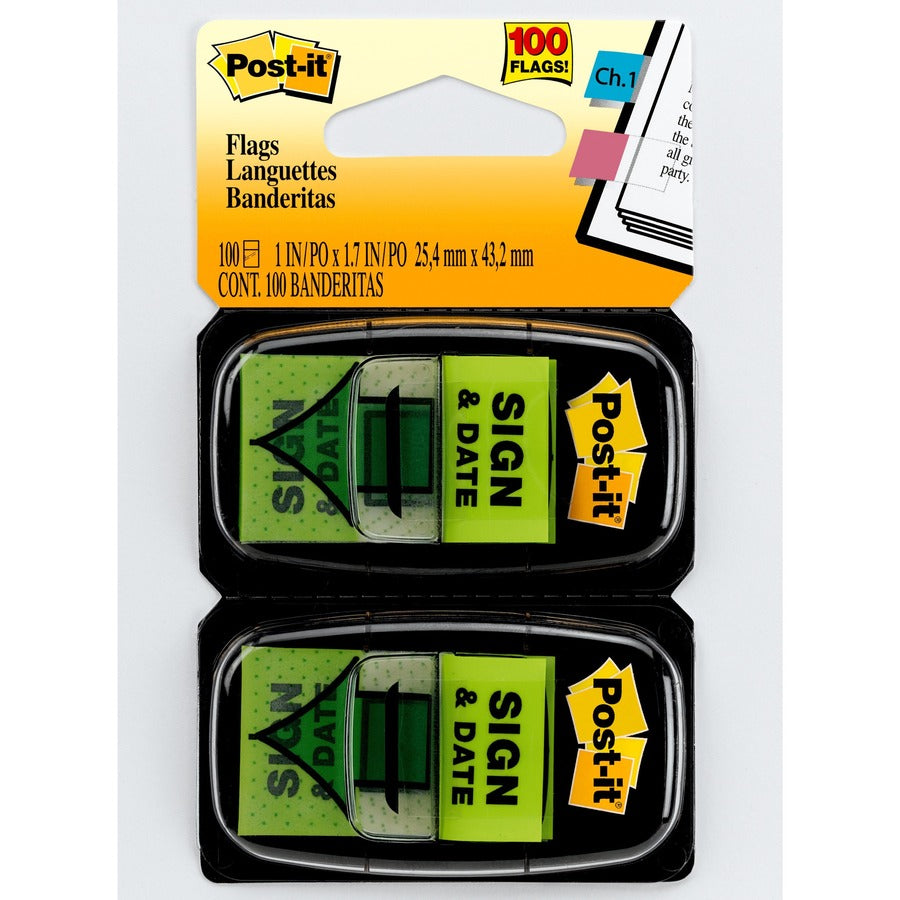 Post-it®, Message Flags - 100 x Green - 1" Flag/Note Width x 1 3/4" Flag/Note Length - Arrow, Rectangle - Unruled - Sign & Date - Green - Removable, Self-adhesive - Dispenser Included - 100 / Pack