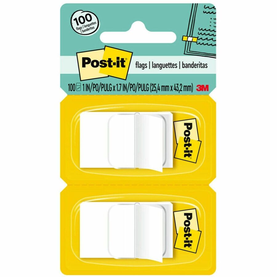 Post-it®, Flags - 100 - 1" Flag/Note Width x 1 3/4" Flag/Note Length - Rectangle - Unruled - White - Removable, Self-adhesive - Dispenser Included - 100 / Pack