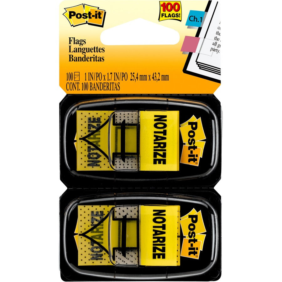 Post-it®, Message Flags - 100 - 1" Flag/Note Width x 1 3/4" Flag/Note Length - Arrow, Rectangle - Unruled - Notarize - Yellow - Removable, Self-adhesive - Dispenser Included - 100 / Pack