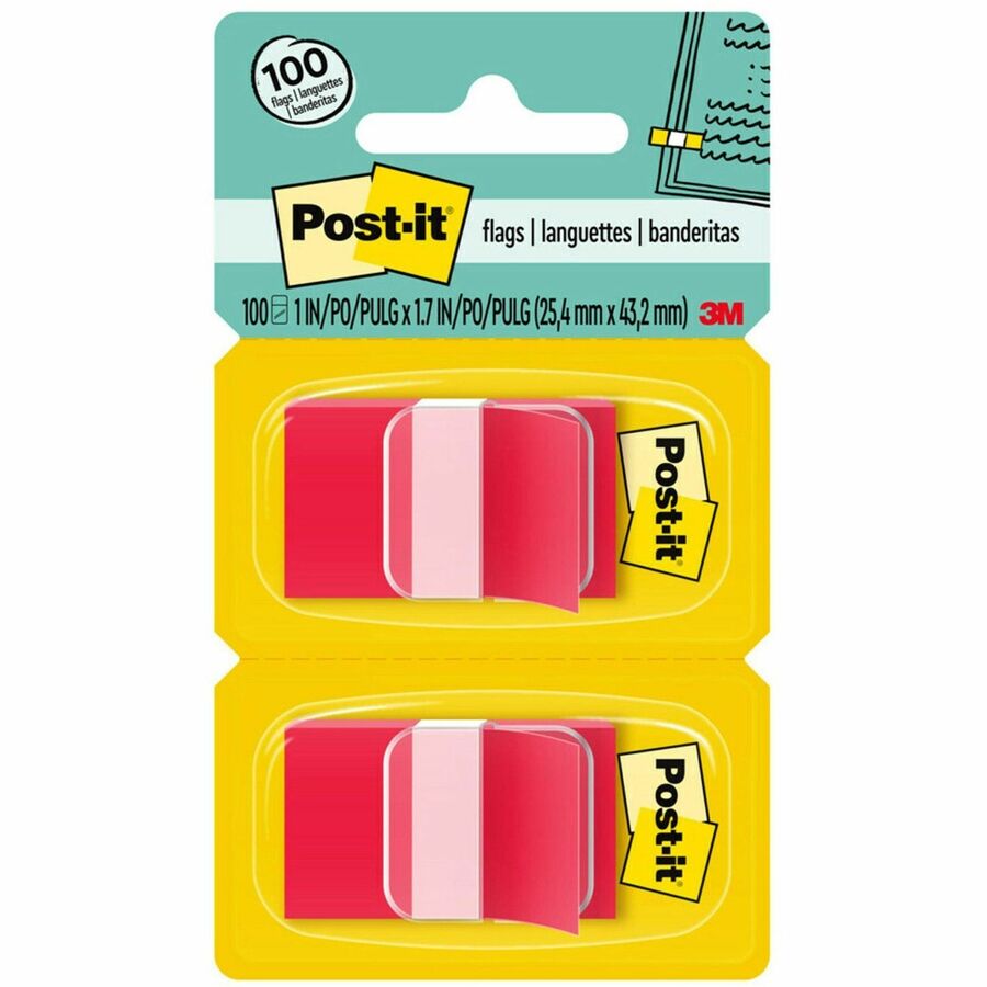 Post-it®, Flags - 100 - 1" Flag/Note Width x 1 3/4" Flag/Note Length - Rectangle - Unruled - Red - Removable, Self-adhesive - Dispenser Included - 100 / Pack