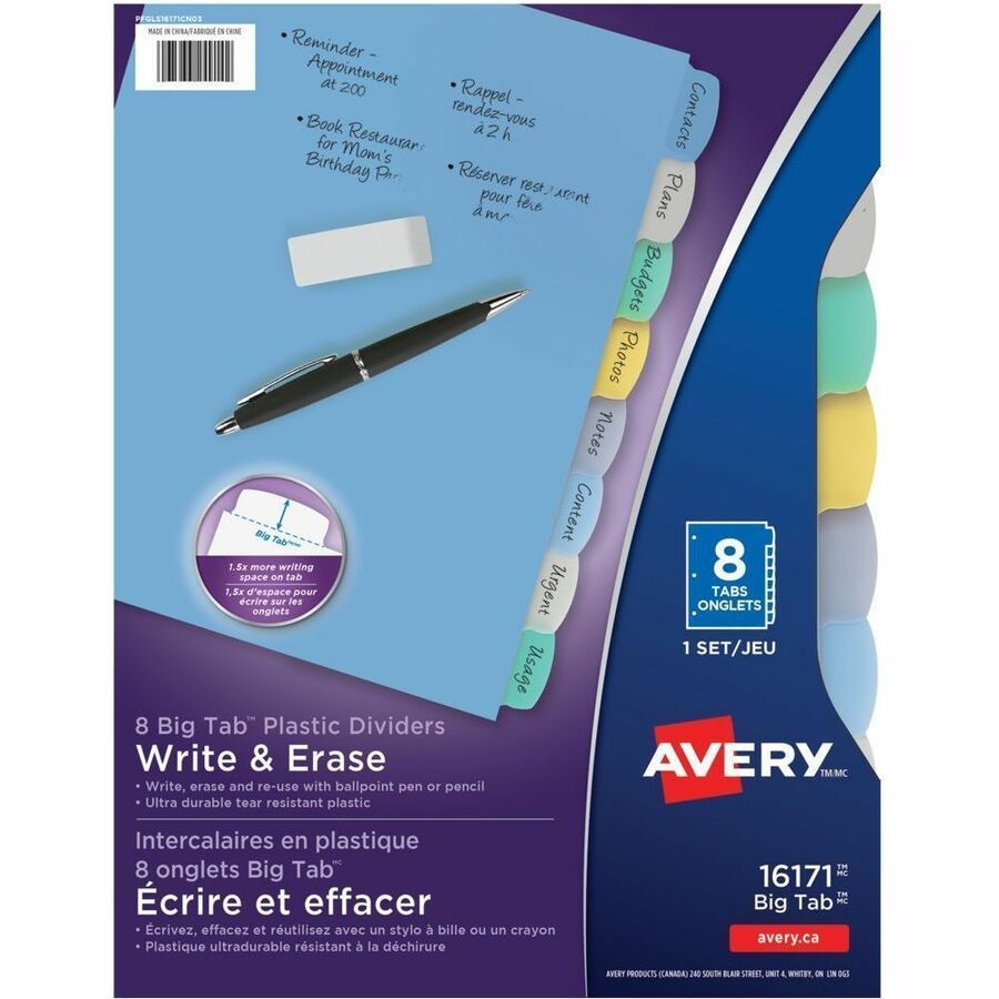 Avery Big Tab Write & Erase Plastic Dividers - 8 x Divider(s) - 8 Write-on Tab(s) - 8 - 8 Tab(s)/Set - 8.5" Divider Width x 11" Divider Length - 3 Hole Punched - Multicolor Plastic Divider - Multicolor Plastic Tab(s) - Writable, Erasable, Durable, PVC...
