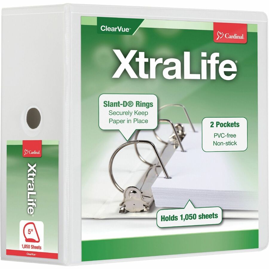 Cardinal®, Xtralife ClearVue Locking Slant-D Binder - 5" Binder Capacity - Letter - 8 1/2" x 11" Sheet Size - 1100 Sheet Capacity - 4 3/8" Spine Width - 3 Ring - Fastener: D-Ring - Pocket: 2, Inside Front & Back - Polyolefin - White - 2.25 lb - Non...