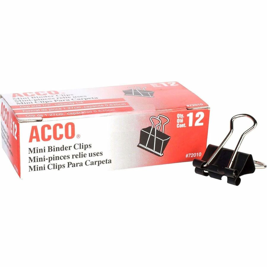 ACCO Mini Foldback Binder Clips - Mini - 0.5" Width - 0.25" Size Capacity - Black, Silver - Steel - 12 / Dozen
