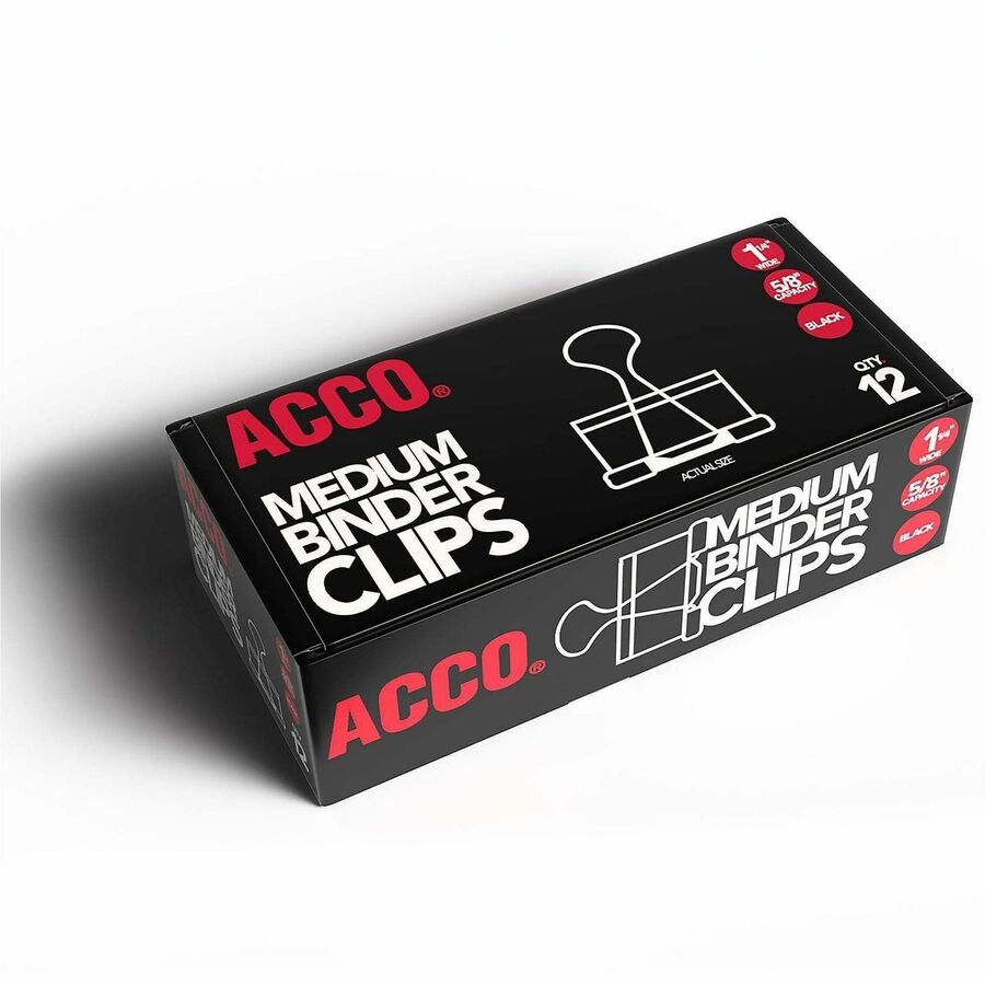 ACCO Medium Foldback Binder Clips - Medium - 1.3" Width - 0.63" Size Capacity - Reusable - Black - Plastic, Tempered Steel - 12 Clips/Box - 1 Box