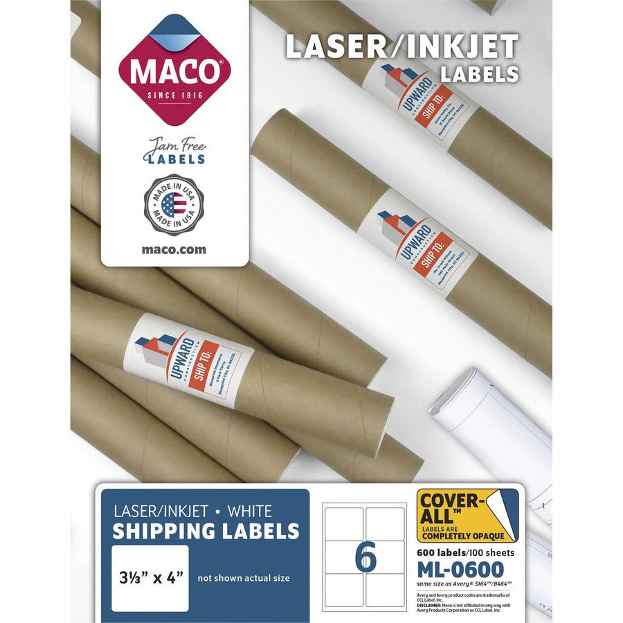 Maco Laser Printer White Shipping Labels - 3 21/64" Width x 4" Length - Rectangle - Laser, Inkjet - White - 6 / Sheet - 600 / Box