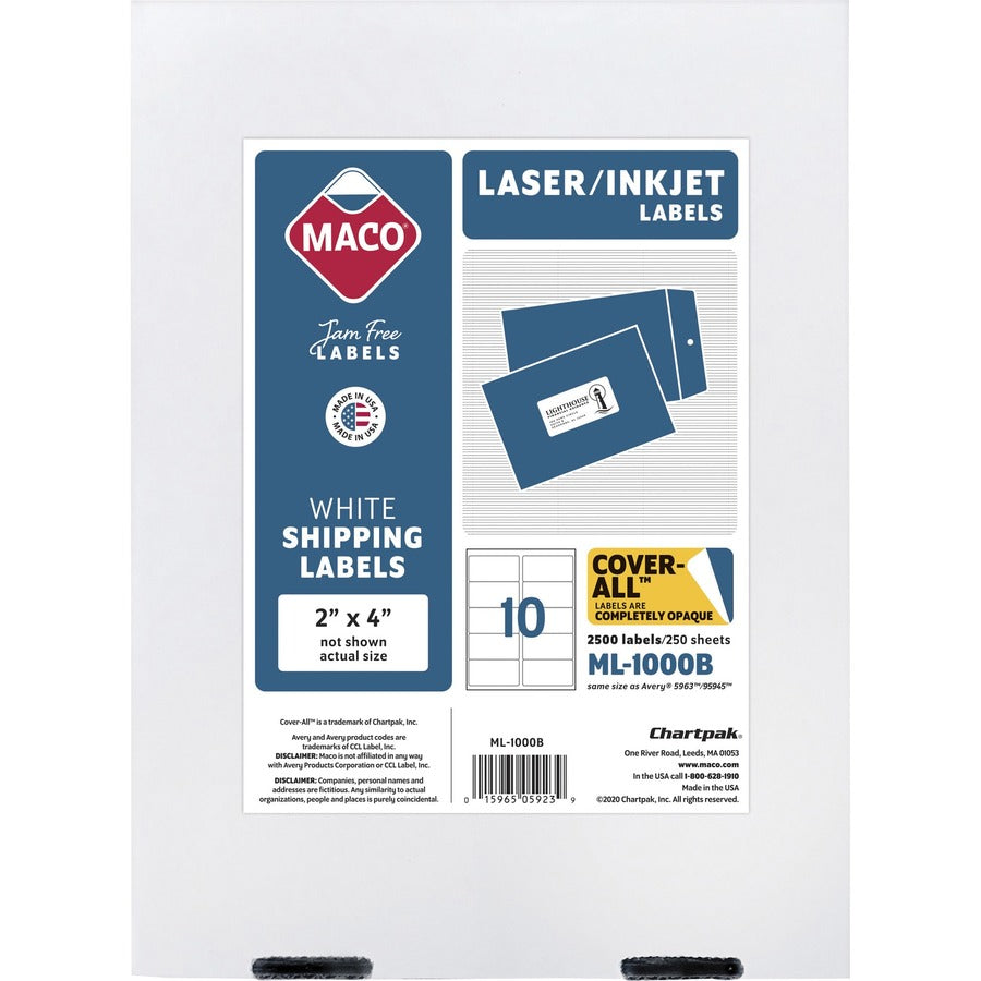 Maco Laser Printer White Shipping Labels - 2" Width x 4" Length - Permanent Adhesive - Rectangle - Laser, Inkjet - White - 10 / Sheet - 2500 / Box