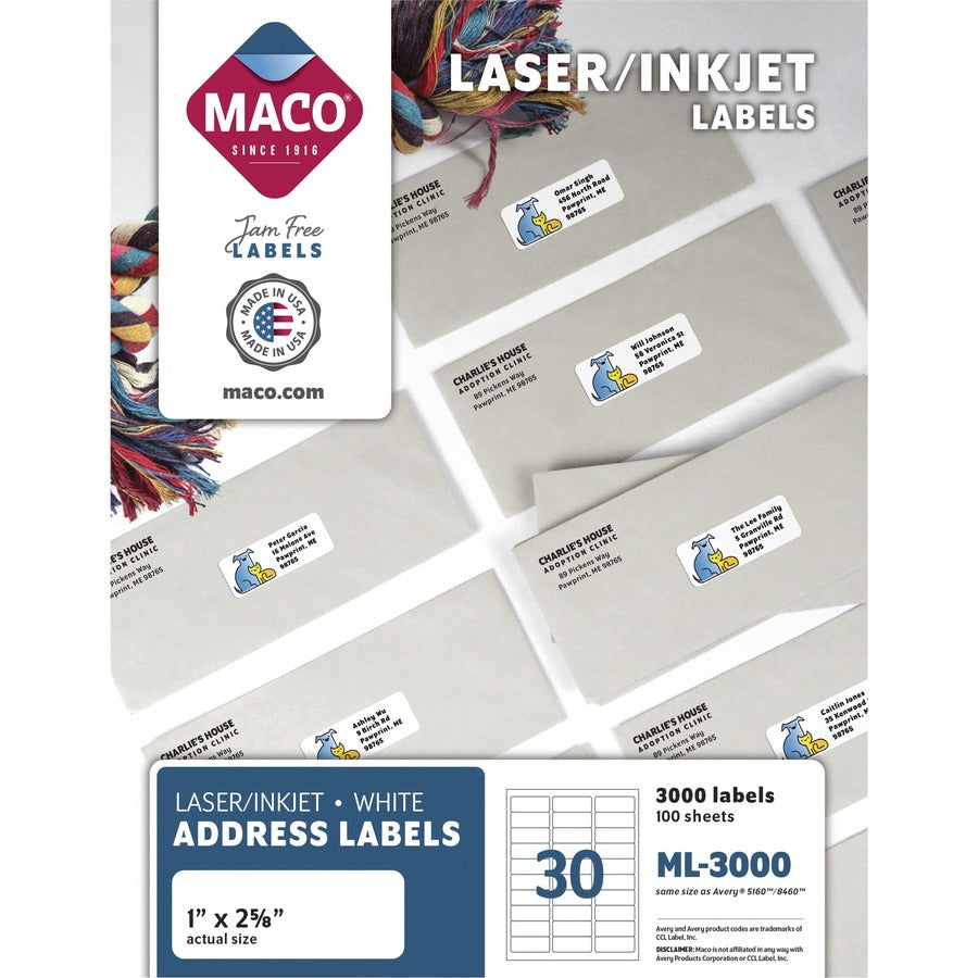 Maco Multipurpose Self-Adhesive Mailing Labels - 1" Width x 2 5/8" Length - Permanent Adhesive - Rectangle - Laser, Inkjet - White - 30 / Sheet - 3000 / Box