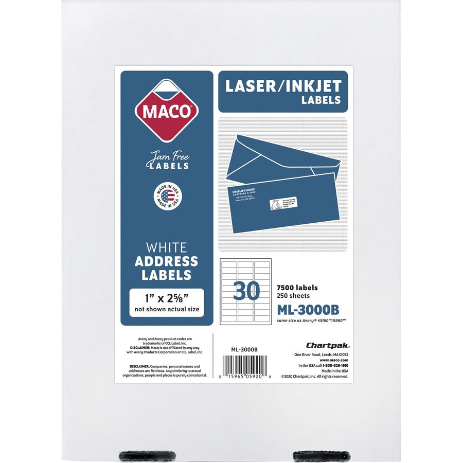 Maco Multipurpose Self-Adhesive Mailing Labels - 1" Width x 2 5/8" Length - Permanent Adhesive - Rectangle - Laser, Inkjet - White - 30 / Sheet - 7500 / Box