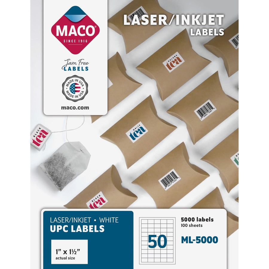 Maco White UPC Labels - 1" Width x 1 1/2" Length - Permanent Adhesive - Rectangle - Laser, Inkjet - White - 50 / Sheet - 5000 / Box