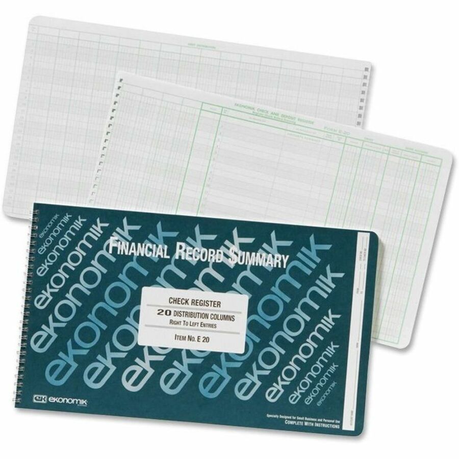 Ekonomik Financial Record Summary Check Register - 40 Sheet(s) - Wire Bound - 14.75" x 8.75" Sheet Size - 20 Columns per Sheet - White Sheet(s) - Green Print Color - 1 Each