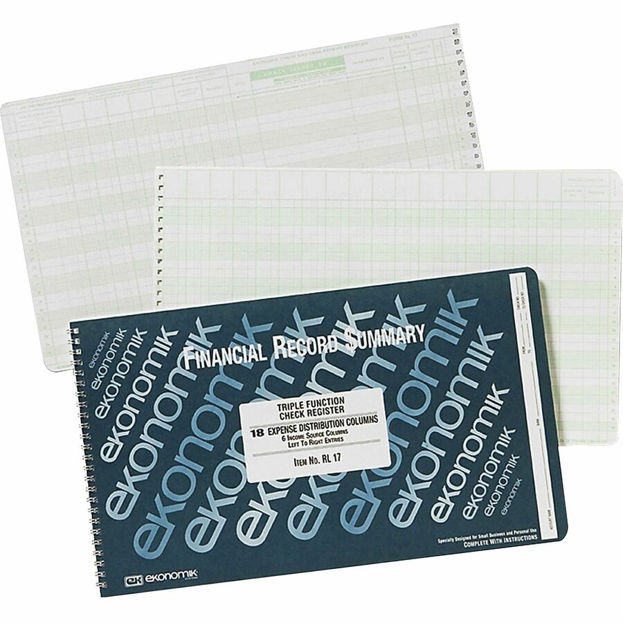 Ekonomik Standard Size Triple Function Check Registry - 40 Sheet(s) - Wire Bound - 14.75" x 8.75" Sheet Size - 18 Columns per Sheet - White Sheet(s) - Green Print Color - 1 Each