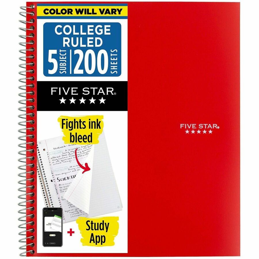 Mead Five-Star Wirebound 5-Subject Notebook - 200 Sheets - Wire Bound - 11" x 8 1/2" Sheet Size - White Paper - Assorted Cover - Pocket, Stiff-back, Perforated, Pocket Divider, Heavyweight, Subject, Spiral Lock - 1 Each