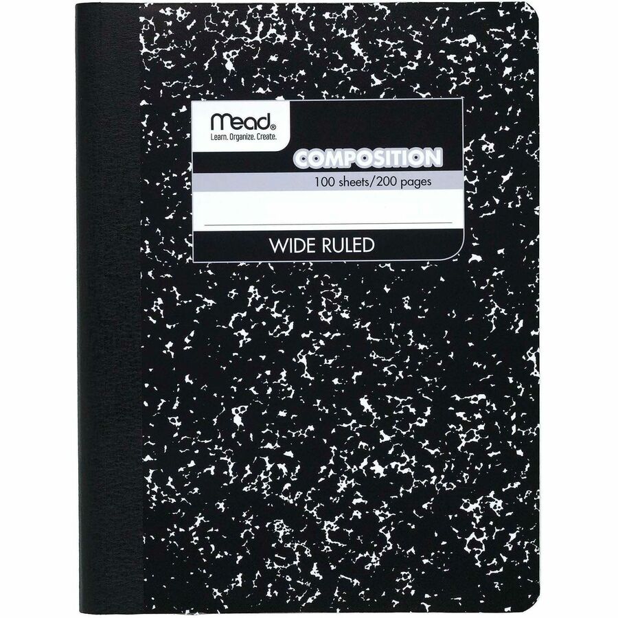 Mead Wide Ruled Composition Notebook - 100 Sheets - Sewn - 7 1/2" x 9 3/4" Sheet Size - White Paper - Black Marble Cover - 1 Each