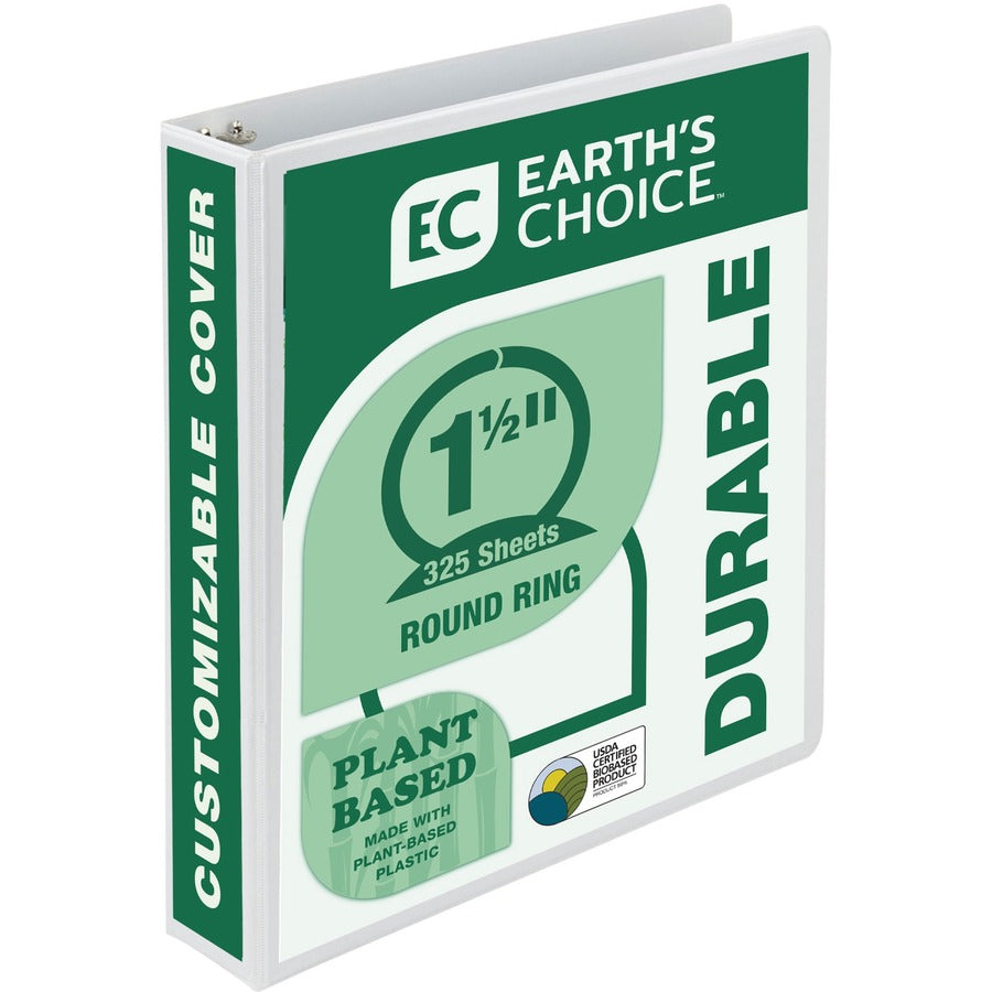 Samsill Earth's Choice Plant-based Durable View Binder - 1 1/2" Binder Capacity - Letter - 8 1/2" x 11" Sheet Size - 325 Sheet Capacity - 3 Ring - Fastener: Round Ring - Pocket: 2, Internal - Chipboard, Plastic - White - 12.80 oz - Recycled - Customiza...