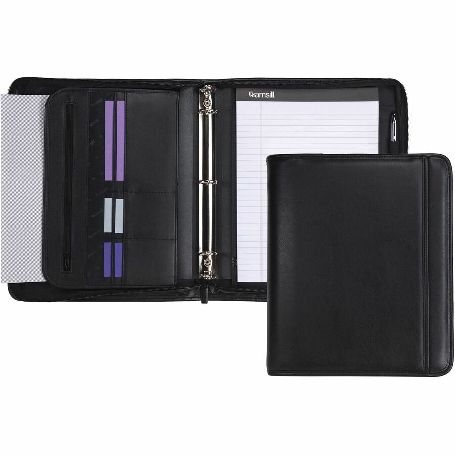 Samsill Letter Pad Folio - 8 1/2" x 11" - 3 Fastener - 1" for Folder - 2 Exterior, Internal Pocket - Vinyl, Metal - Black - Zipper Closure, Wrap-around - 1 Each