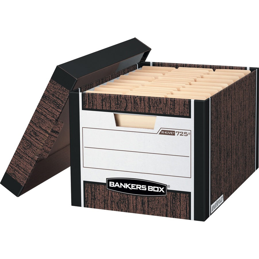 Bankers Box R-Kive File Storage Box - Internal Dimensions: 12" Width x 15" Depth x 10" Height - External Dimensions: 12.8" Width x 16.5" Depth x 10.4" Height - Media Size Supported: Letter, Legal - Lift-off Closure - Heavy Duty - Stackable - Wood Grain...