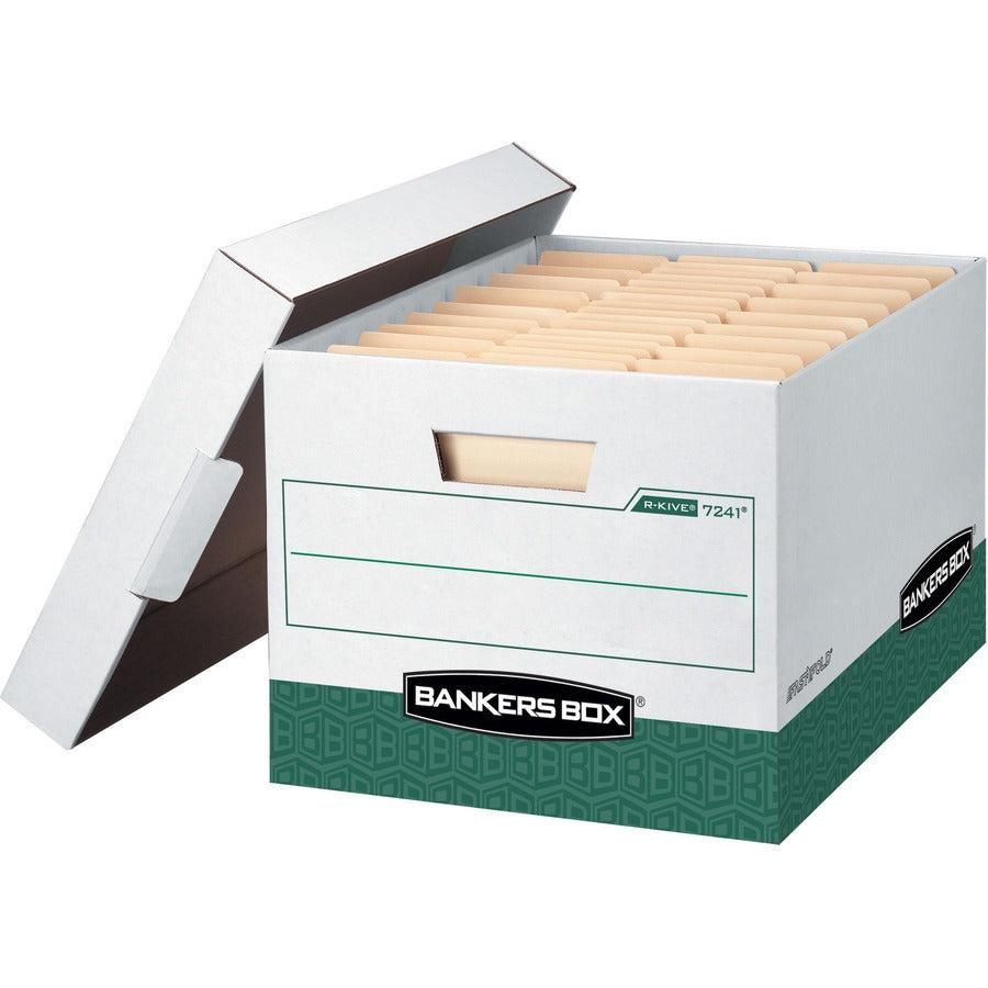 Bankers Box R-Kive File Storage Box - Internal Dimensions: 12" Width x 15" Depth x 10" Height - External Dimensions: 12.8" Width x 16.5" Depth x 10.4" Height - Media Size Supported: Letter, Legal - Lift-off Closure - Heavy Duty - Stackable - White, Gre...