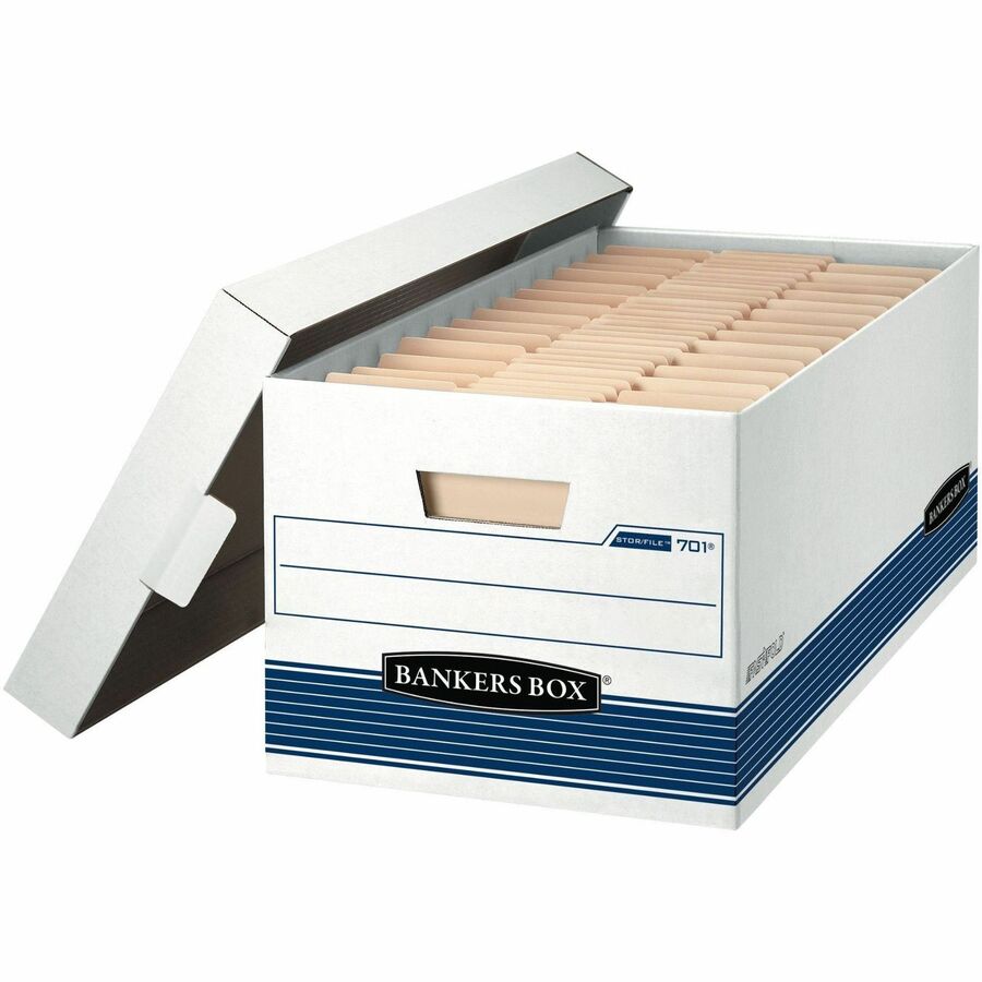 Bankers Box STOR/FILE Storage Box - Internal Dimensions: 12" Width x 24" Depth x 10" Height - External Dimensions: 12.9" Width x 25.4" Depth x 10.3" Height - Media Size Supported: Letter - Lift-off Closure - Medium Duty - Stackable - White, Blue - For...