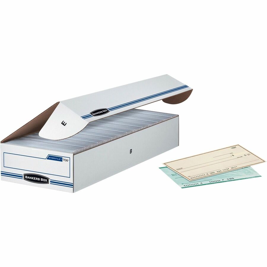 Bankers Box STOR/FILE Check Storage Boxes - Internal Dimensions: 9" Width x 24" Depth x 4" Height - External Dimensions: 9.3" Width x 25" Depth x 4.1" Height - 650 lb - Flip Top Closure - Light Duty - Stackable - White, Blue - For File, Check, Deposit...