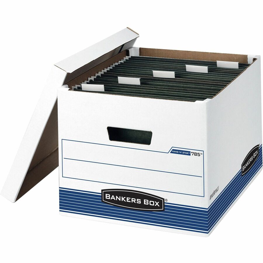 Bankers Box Hang'N'Stor File Storage Box - Internal Dimensions: 12.38" Width x 15.19" Depth x 10" Height - External Dimensions: 13" Width x 16" Depth x 10.5" Height - Media Size Supported: Letter, Legal - Lift-off Closure - Medium Duty - Stackable - Wh...