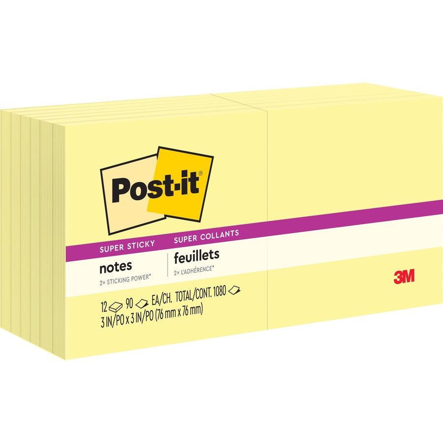 Post-it®, Super Sticky Dispenser Notes - 1080 - 3" Flag/Note Width x 3" Flag/Note Length - Square - 90 Sheets per Pad - Unruled - Canary Yellow - Paper - Self-adhesive, Repositionable - 1 Pack