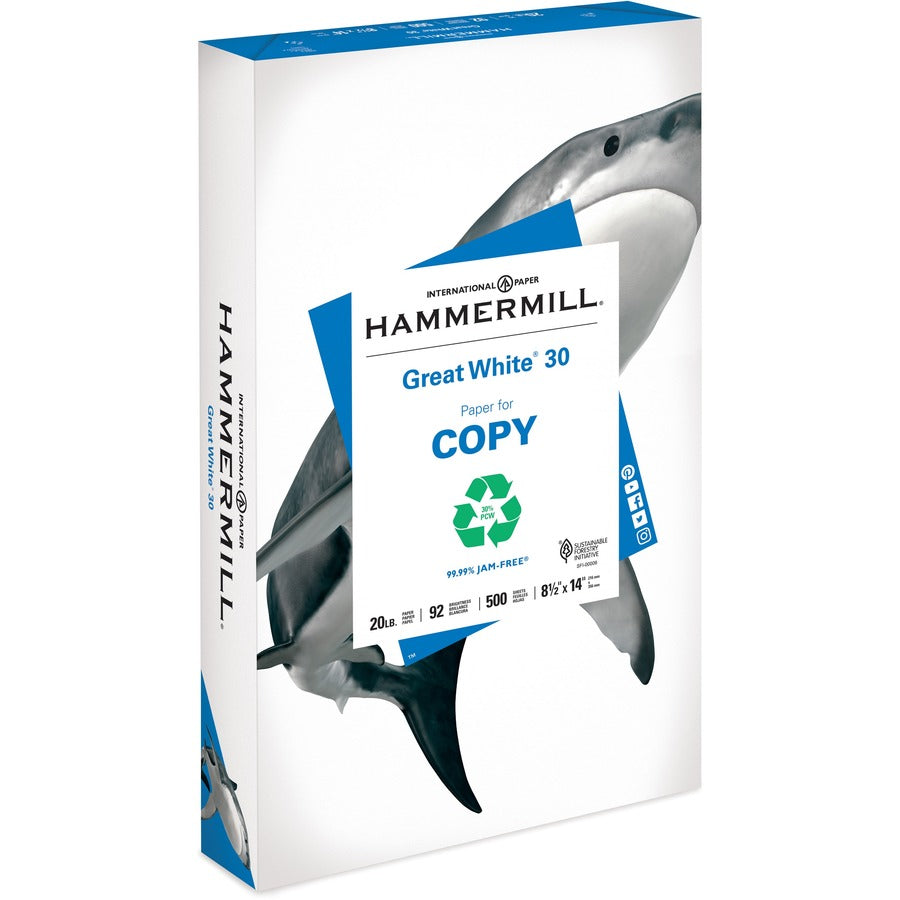Hammermill Great White Recycled Copy Paper - White - 92 Brightness - Legal - 8 1/2" x 14" - 20 lb Basis Weight - Acid-free, Moisture Resistant, Archival-safe, Jam-free - White - 500 / Ream